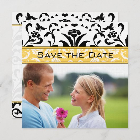 Daffodil Black Bubble Bee Damask Save the Date Kaart (Voorkant / Achterkant)