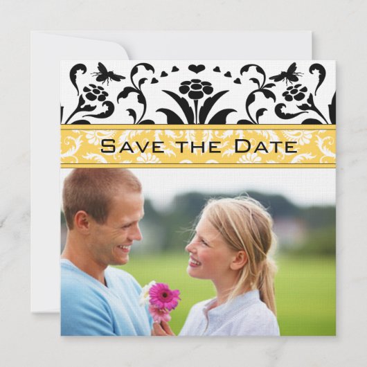 Daffodil Black Bubble Bee Damask Save the Date Kaart (Voorkant)