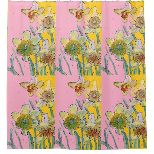 Daffodil Bloem Bloemen Waterverf Roze Geel Douchegordijn (Voorkant)