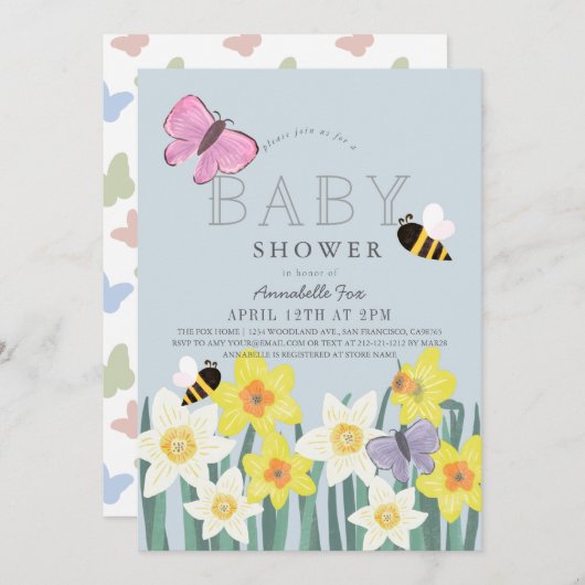Daffodil Butterfly Bee Floral Baby shower Kaart (Voorkant / Achterkant)