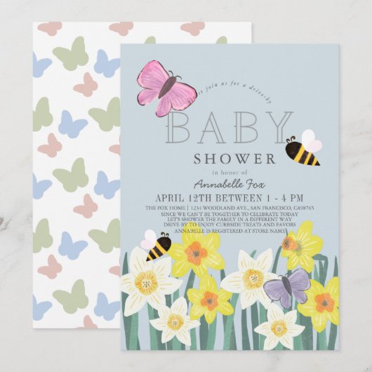 Daffodil Butterfly Bee Floral Drive-by Baby shower Kaart (Voorkant / Achterkant)
