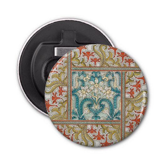 Daffodil chintz art nouveau bloem behang button flesopener (Voorkant)