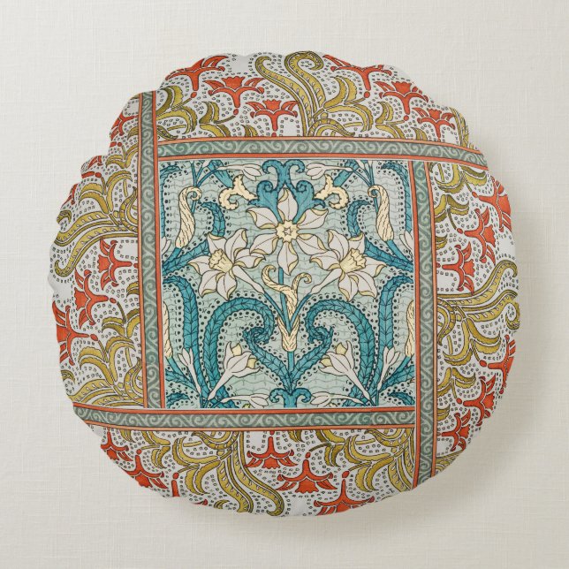 Daffodil chintz art nouveau bloem behang rond kussen (Voorkant)