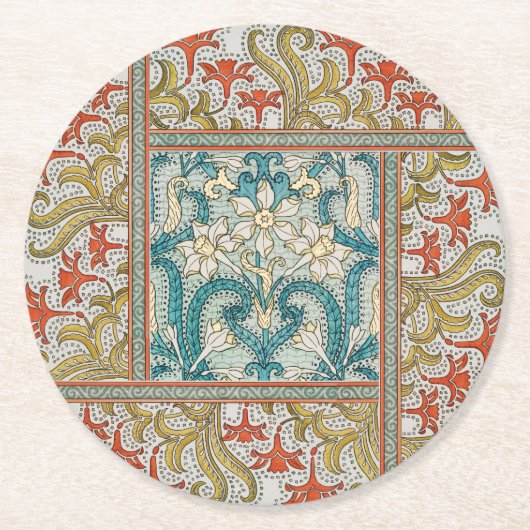 Daffodil chintz art nouveau bloem behang ronde kartonnen onderzetter (Voorkant)