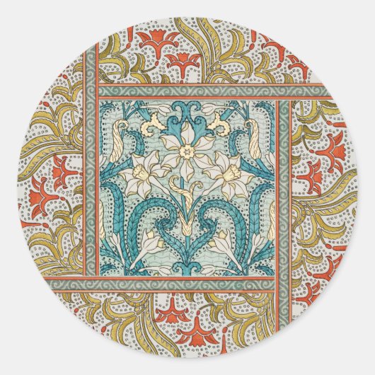 Daffodil chintz art nouveau bloem behang ronde sticker (Voorkant)