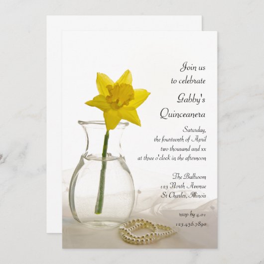 Daffodil en Pearls Quinceanera Party Invitation Kaart (Voorkant / Achterkant)