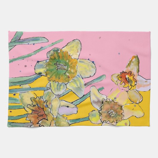 Daffodil Floral Spring Waterverf Roze Theedoek (Horizontaal)