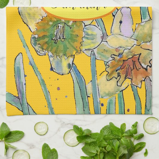 Daffodil Floral Spring Waterverf Yellow T Theedoek (Gevouwen)