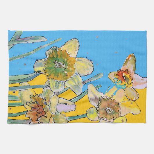 Daffodil Flower Floral Spring Waterverf Blue Theedoek (Horizontaal)