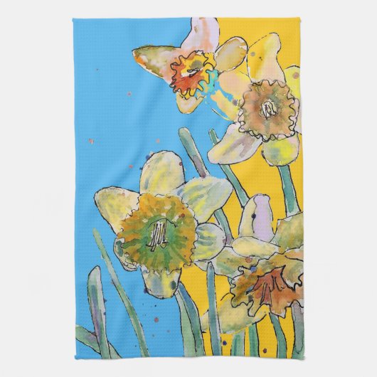 Daffodil Flower Floral Spring Waterverf Blue Theedoek (Verticaal)
