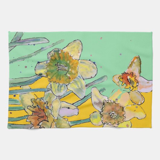 Daffodil Flower Floral Spring Waterverf Mint Theedoek (Horizontaal)