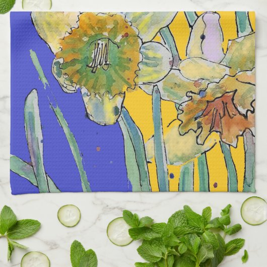 Daffodil Flower Floral Spring Waterverf Navy Theedoek (Gevouwen)