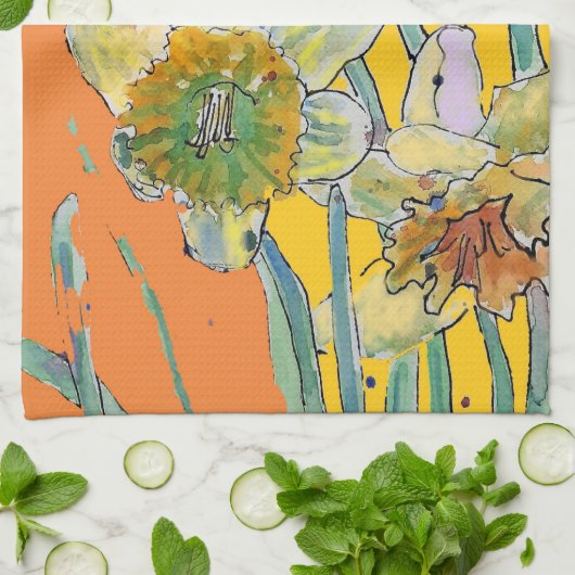 Daffodil Flower Floral Spring Waterverf Oranje Theedoek (Gevouwen)