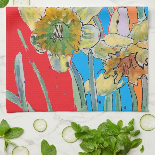 Daffodil Flower Floral Spring Waterverf Red Theedoek (Gevouwen)