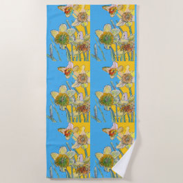Daffodil Flower Floral Waterverf Light Blue Strandlaken