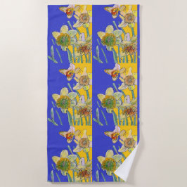 Daffodil Flower Floral Waterverf Navy Blue Strandlaken
