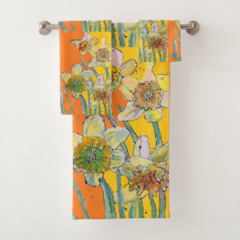 Daffodil Flower Floral Waterverf Oranje Bad Handdoek
