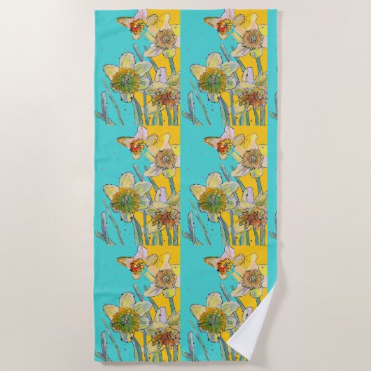 Daffodil Flower Floral Waterverf Turquoise Strandlaken (Voorkant)