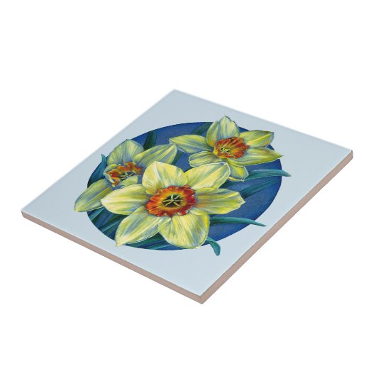 Daffodil - geel blauw fijn kunstschildertegel tegeltje (Zijkant)