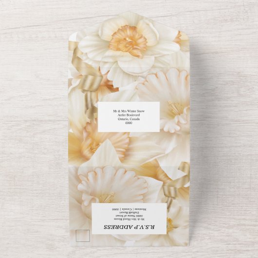 Daffodil lente bloem gouden lint bloemenbruiloft all in one uitnodiging (Buitenkant)