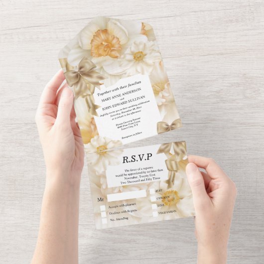 Daffodil lente bloem gouden lint bloemenbruiloft all in one uitnodiging (Afscheurbaar)