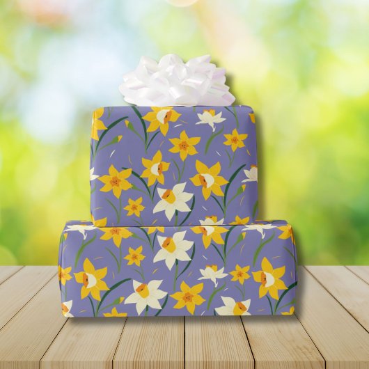 Daffodil lente bloemen patroon op Blauw Cadeaupapier