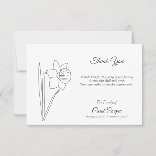 Daffodil lijn kunst begrafenis dank u nota Kaart (Voorkant)