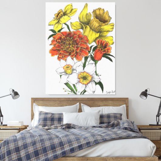 Daffodil, Marigold en Narcissus kleurencanvas Canvas Afdruk (Insitu (Slaapkamer))