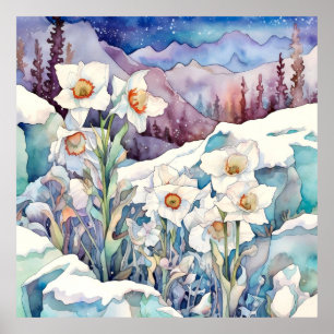 Daffodil Onder Sneeuwmuur Kunst, Bloemenplein Poster