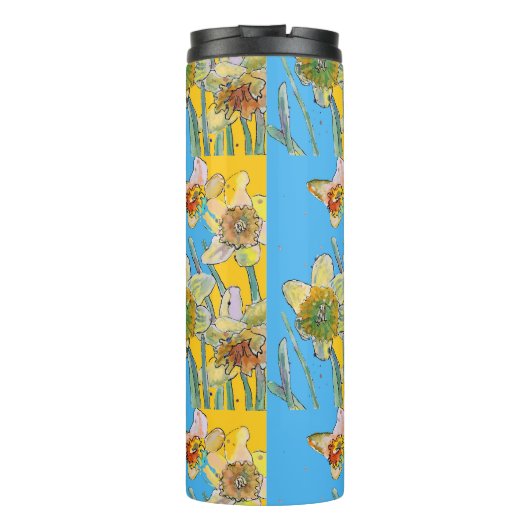 Daffodil Painting Waterverf Geel Blauw Thermosbeker (Achterkant)