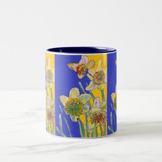 Daffodil Painting Waterverf Geel Blauw Tweekleurige Koffiemok (Center)