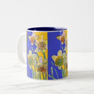 Daffodil Painting Waterverf Geel Blauwe Florale Tweekleurige Koffiemok