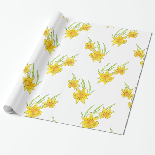 Daffodil Pan en Waterverf Patroon Cadeaupapier (Uitgerold)
