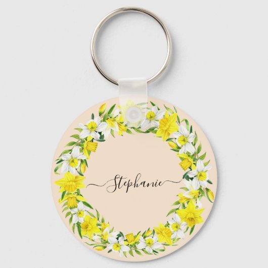 Daffodil Spring  Geel Witte Douanenaam Sleutelhanger (Voorkant)