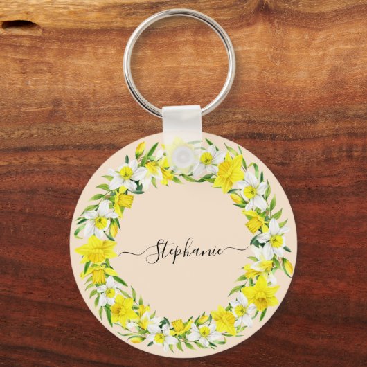 Daffodil Spring  Geel Witte Douanenaam Sleutelhanger (Voorkant)