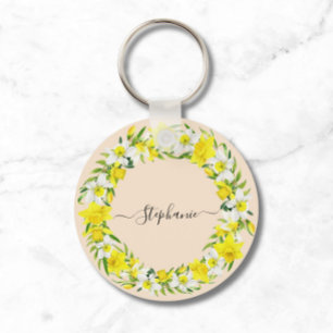 Daffodil Spring  Geel Witte Douanenaam Sleutelhanger