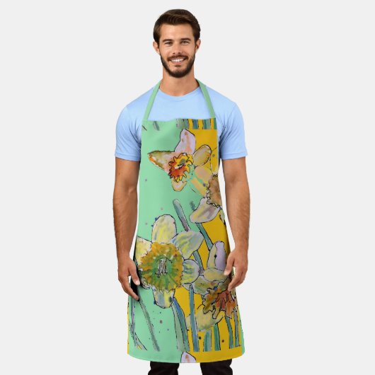 Daffodil Waterverf Bloedgroen floreel Apron Schort (Gedragen)