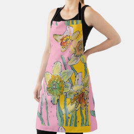 Daffodil Waterverf Bloedroze floraal Apron Schort