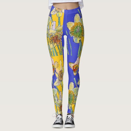 Daffodil Waterverf Bloem Blauwe Florence Leggings (Voorkant)