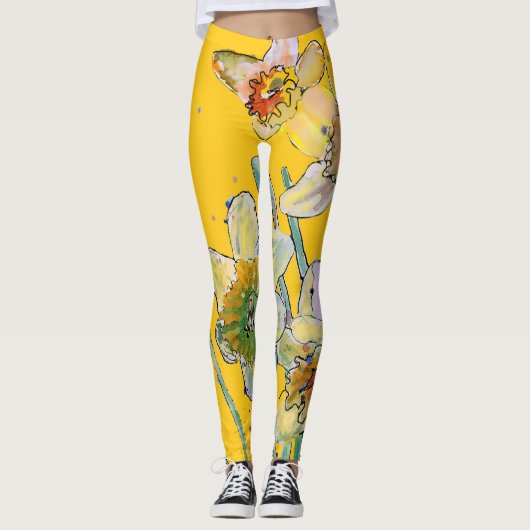 Daffodil Waterverf Bloem Lila Leggings van bloemen (Voorkant)