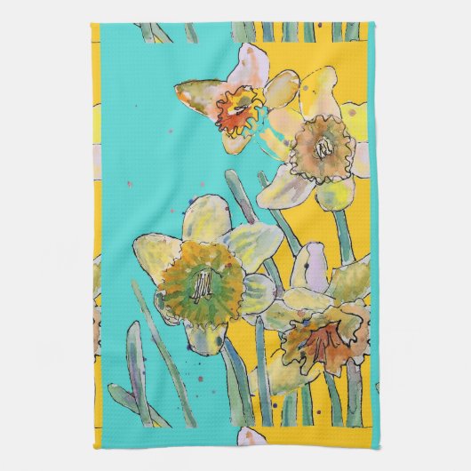 Daffodil Waterverf Flower Turquoise floral Theedoek (Verticaal)