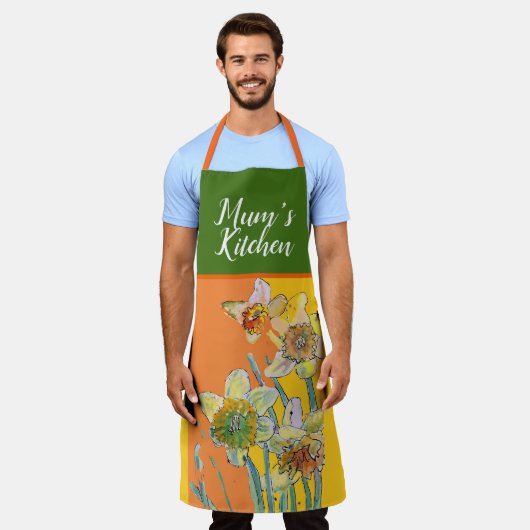 Daffodil Waterverf Geel Sinaasappel Mums Keuken Schort (Gedragen)