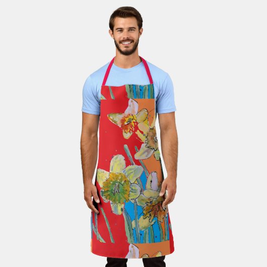 Daffodil Waterverf Rood geel Bloed bloempron Schort (Gedragen)