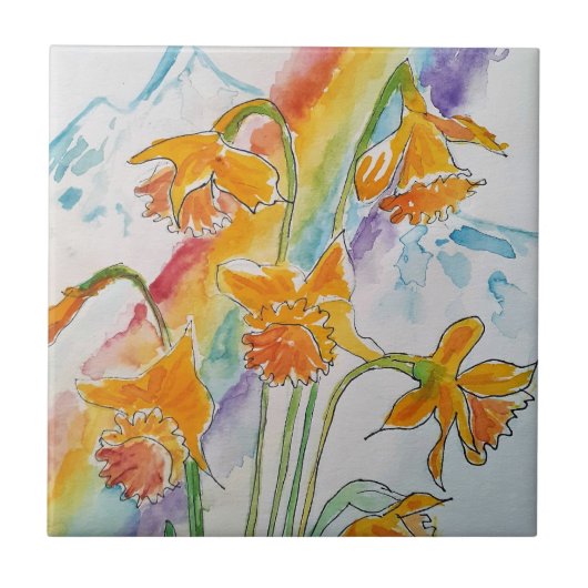 Daffodil Waterverf Yellow Rainbow Floral Tegeltje (Voorkant)