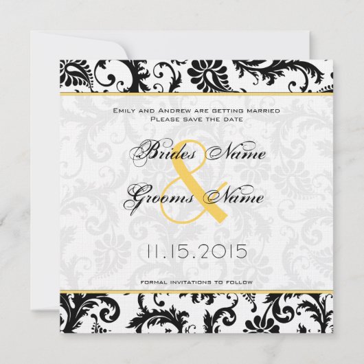 Daffodil Yellow & Black Damask Save the Date Kaart (Achterkant)