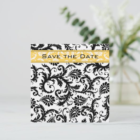 Daffodil Yellow & Black Damask Save the Date Kaart (Staand voorkant)