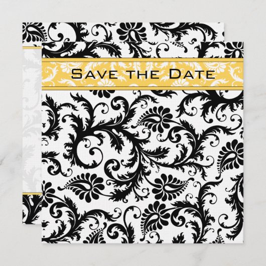 Daffodil Yellow & Black Damask Save the Date Kaart (Voorkant / Achterkant)