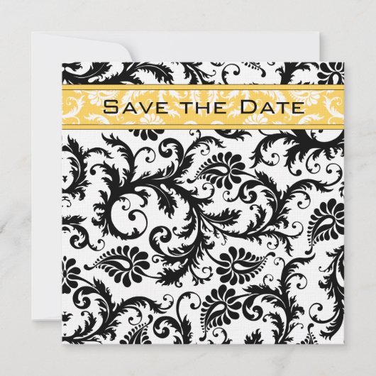 Daffodil Yellow & Black Damask Save the Date Kaart (Voorkant)