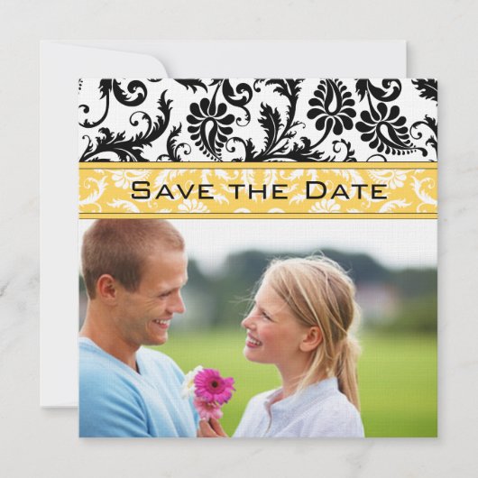 Daffodil Yellow & Black Damask Save the Date Kaart (Voorkant)