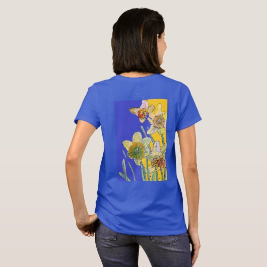Daffodil Yellow Blue Flower Waterverf T-S T-shirt (Achterkant volledig)